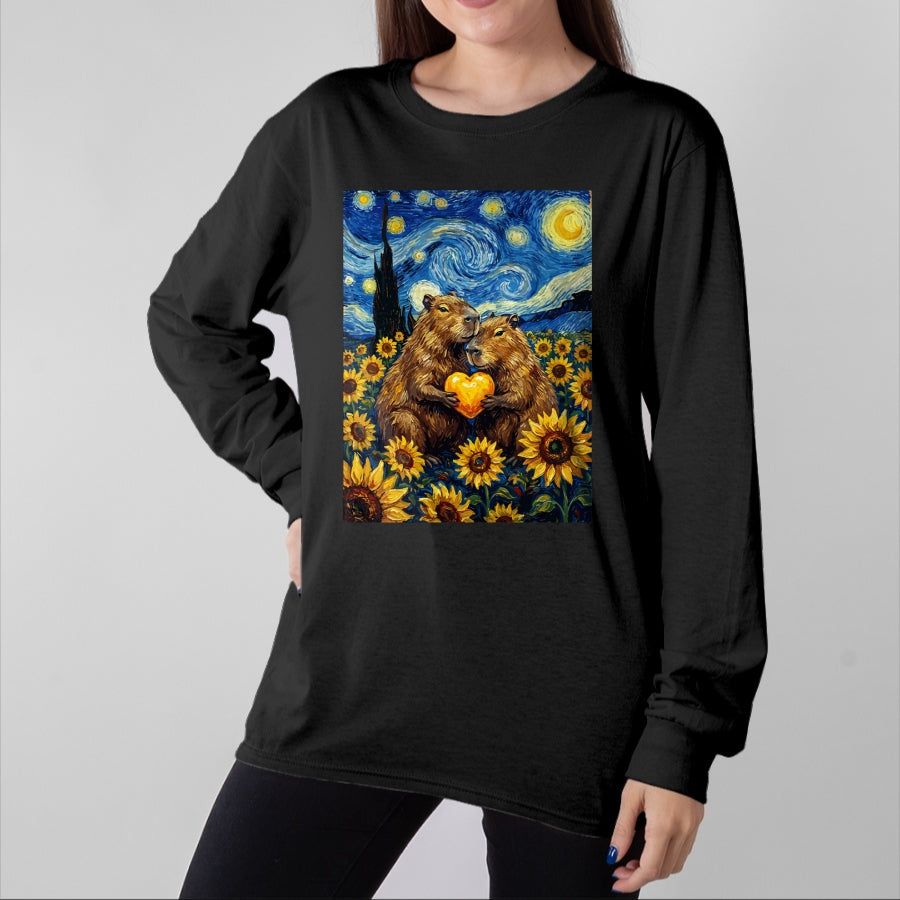 Cute Capybara Shirt, Funny Capybara Unisex T-Shirt/Hoodie/Sweatshirt HLT00 - Capybara Starry Night with Heart and Sunflowers Long Sleeve T-Shirt