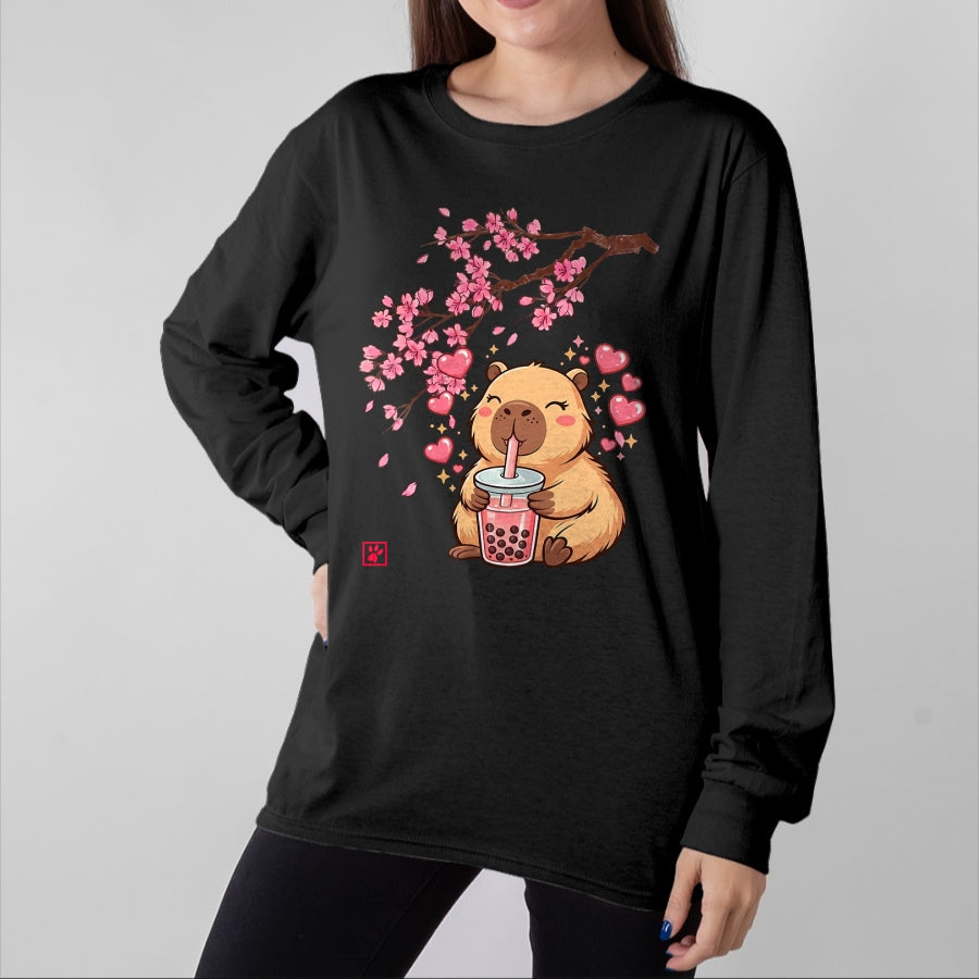 Cute Capybara Shirt, Funny Capybara Unisex T-Shirt/Hoodie/Sweatshirt HLT00 - Cute Capybara Kawaii Anime Drinking Bubble Tea Sakura Japan T-Shirt