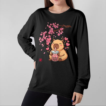 Cute Capybara Shirt, Funny Capybara Unisex T-Shirt/Hoodie/Sweatshirt HLT00 - Cute Capybara Kawaii Anime Drinking Bubble Tea Sakura Japan T-Shirt