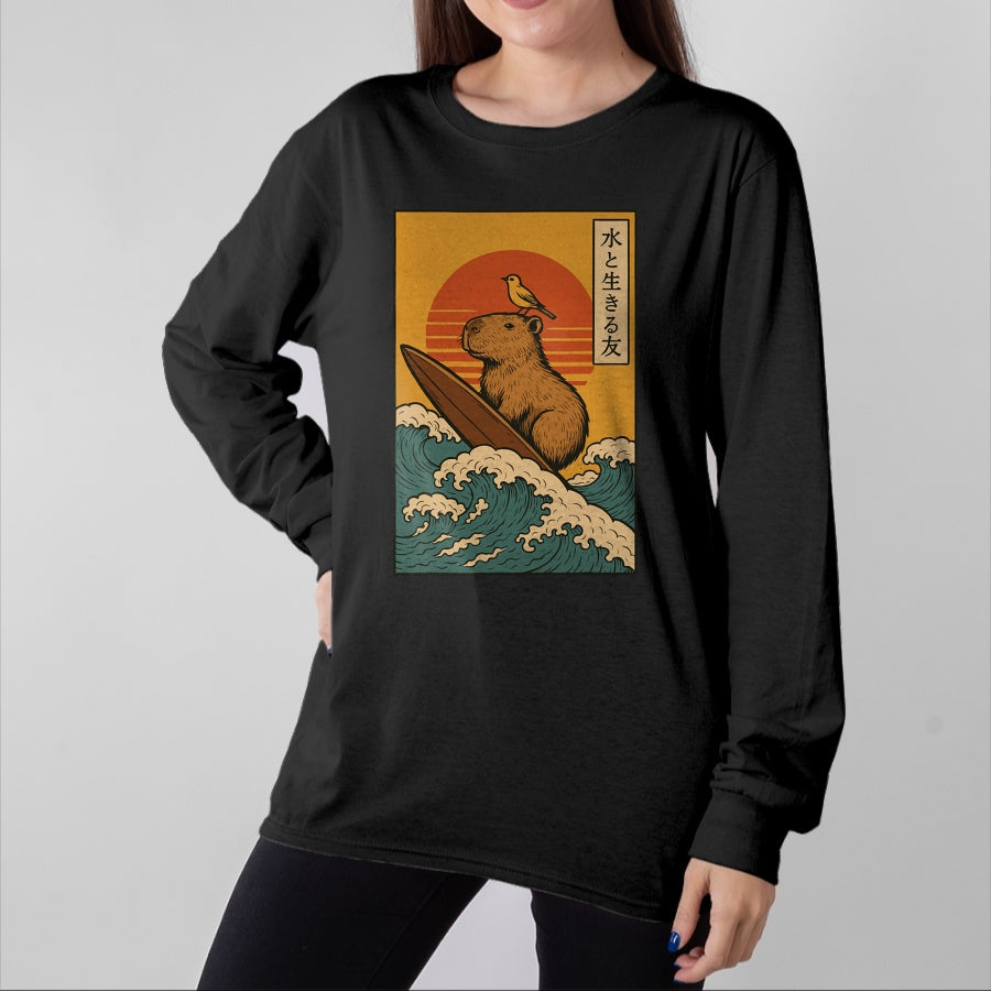 Cute Capybara Shirt, Funny Capybara Unisex T-Shirt/Hoodie/Sweatshirt HLT00 - Capybara Surfing Japanese T-Shirt