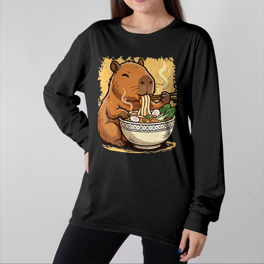 Cute Capybara Shirt, Funny Capybara Unisex T-Shirt/Hoodie/Sweatshirt HLT00 - Capybara Eating Ramen Noodles T-Shirt