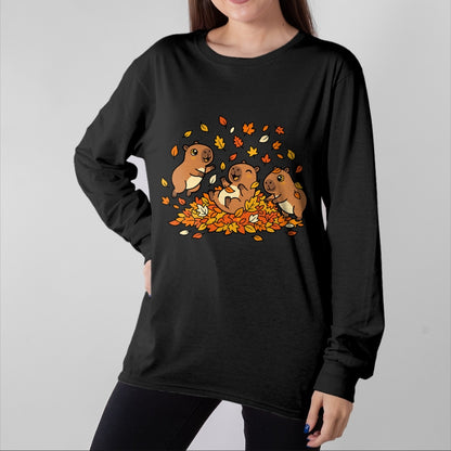 Cute Capybara Shirt, Funny Capybara Unisex T-Shirt/Hoodie/Sweatshirt HLT00 - Cute Capybara Autumn Leaves Fall Season Animal T-Shirt