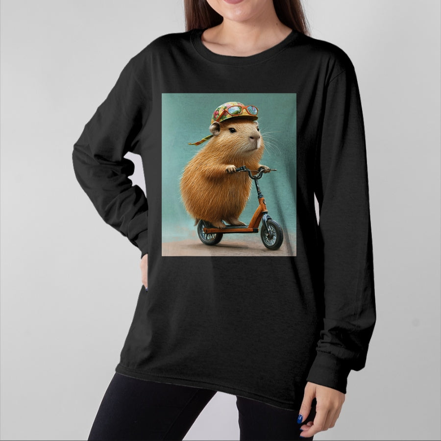 Cute Capybara Shirt, Funny Capybara Unisex T-Shirt/Hoodie/Sweatshirt HLT00 - Capybara Riding Scooter with Glasses Funny Graphic T-Shirt
