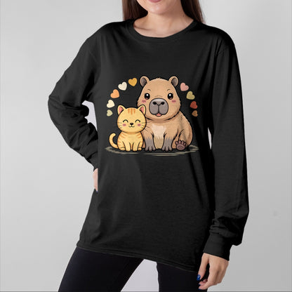 Cute Capybara Shirt, Funny Capybara Unisex T-Shirt/Hoodie/Sweatshirt HLT00 - Cute Cat and Capybara Friends Funny Pet Lovers Casual Wear T-Shirt