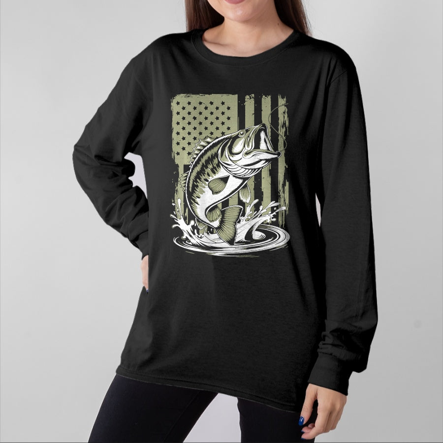 Funny Fishing Shirt, Gift For Fishing Lover Unisex T-Shirt/Hoodie/Sweatshirt HLT00 - Fishing Camo Bass Fish American Flag Men_s Graphic Fishing T-Shirt