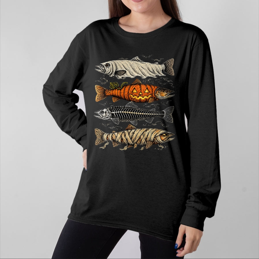 Funny Fishing Shirt, Gift For Fishing Lover Unisex T-Shirt/Hoodie/Sweatshirt HLT00 - Halloween Trout Fish Ghost Pumpkin Skeleton Mummy T-Shirt