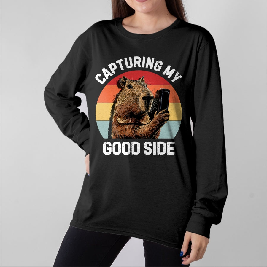 Cute Capybara Shirt, Funny Capybara Unisex T-Shirt/Hoodie/Sweatshirt HLT00 - Capybara Selfie Long Sleeve T-Shirt