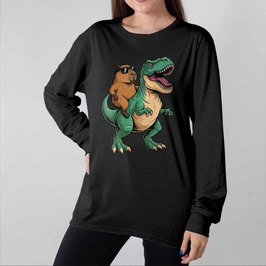 Cute Capybara Shirt, Funny Capybara Unisex T-Shirt/Hoodie/Sweatshirt HLT00 - Capybara Riding T-Rex T-Shirt