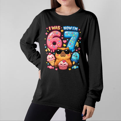 Cute Capybara Shirt, Funny Capybara Unisex T-Shirt/Hoodie/Sweatshirt HLT00 - I was 6 Now I_m 7 Birthday 67 Meme Capybara Ice Cream Kawaii T-Shirt