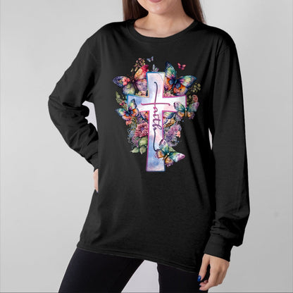Christian Tee, Christian Faith Unisex T-Shirt/Hoodie/Sweatshirt HLT00 - Faith-Cross Floral Butterflies Christ Flowers Religious T-Shirt