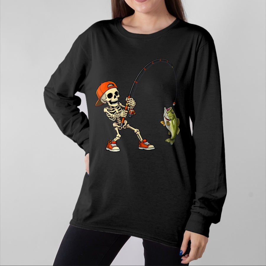Funny Fishing Shirt, Gift For Fishing Lover Unisex T-Shirt/Hoodie/Sweatshirt HLT00 - Halloween Skeleton Fishing Bass Fisherman Funny Spooky T-Shirt