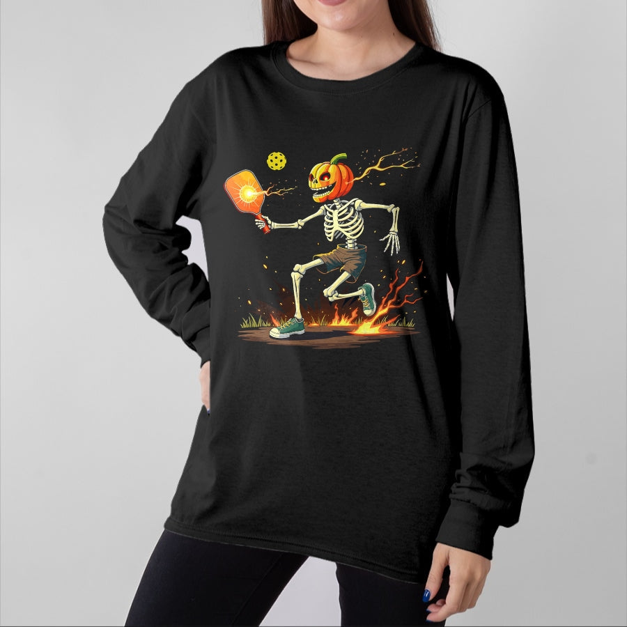 Funny Pickleball Shirt, Pickleball Lover Unisex T-Shirt/Hoodie/Sweatshirt HLT00 - Pumpkin Head Skeleton Pickleball Halloween Spooky Sports T-Shirt