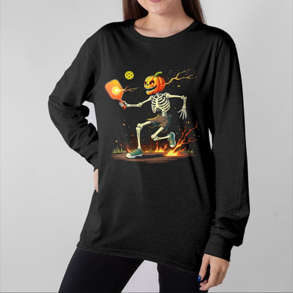Funny Pickleball Shirt, Pickleball Lover Unisex T-Shirt/Hoodie/Sweatshirt HLT00 - Pumpkin Head Skeleton Pickleball Halloween Spooky Sports T-Shirt