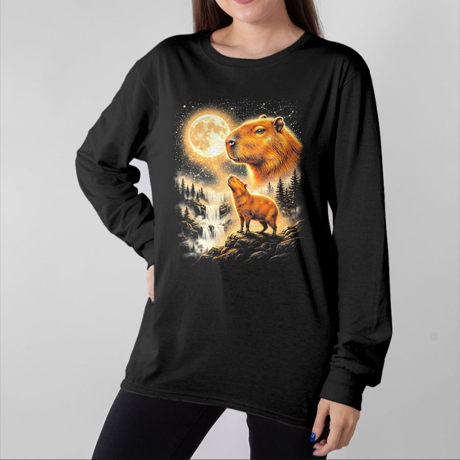 Cute Capybara Shirt, Funny Capybara Unisex T-Shirt/Hoodie/Sweatshirt HLT00 - Capybara Howling At The Moon Forest Waterfall Art T-Shirt