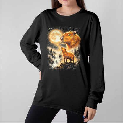 Cute Capybara Shirt, Funny Capybara Unisex T-Shirt/Hoodie/Sweatshirt HLT00 - Capybara Howling At The Moon Forest Waterfall Art T-Shirt