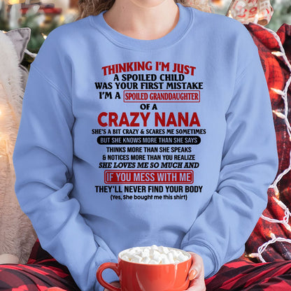 SPOILED GRANDDAUGHTER OF A CRAZY NANA T-SHIRT - From grandma to granddaughter - NTTD00 (SKU07-129-00)