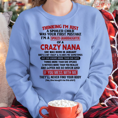 SPOILED GRANDDAUGHTER OF A CRAZY NANA T-SHIRT January Edition - From grandma to granddaughter - NTTD01 (SKU07-129-01)