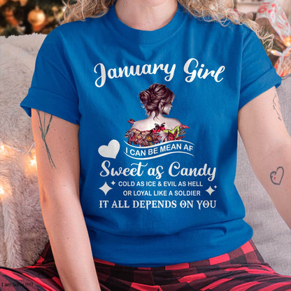 January Girl T-Shirt – Sweet As Candy, Cold As Ice - Birthday Gift for Women - DTSM01 (SKU26T-01-38-01)