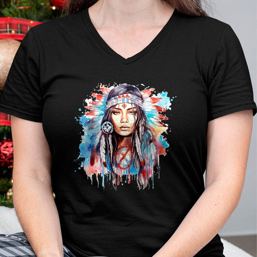 Native American T-Shirts, Vintage Native American Unisex T-Shirt/Hoodie/Sweatshirt HLT00 - Native American day indigenous girl with feathers T-Shirt (1)