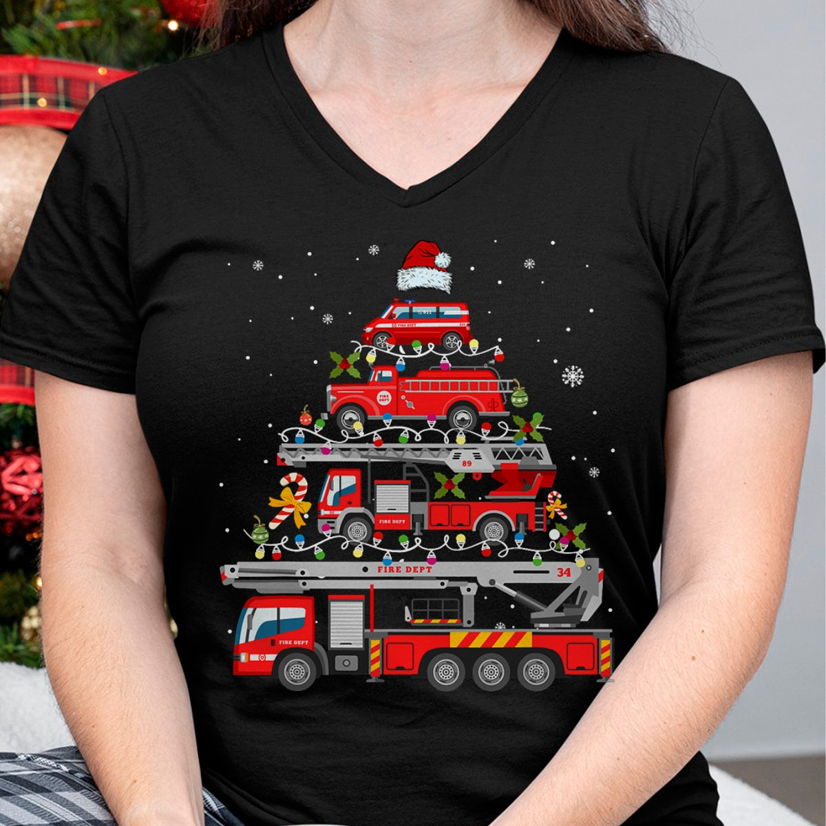 Christmas Shirts for Family, Funny christmas shirts, Christmas Unisex T-Shirt/Hoodie/Sweatshirt HLT00 - Firefighter Fire Truck Christmas Tree Lights Santa Fireman T-Shirt