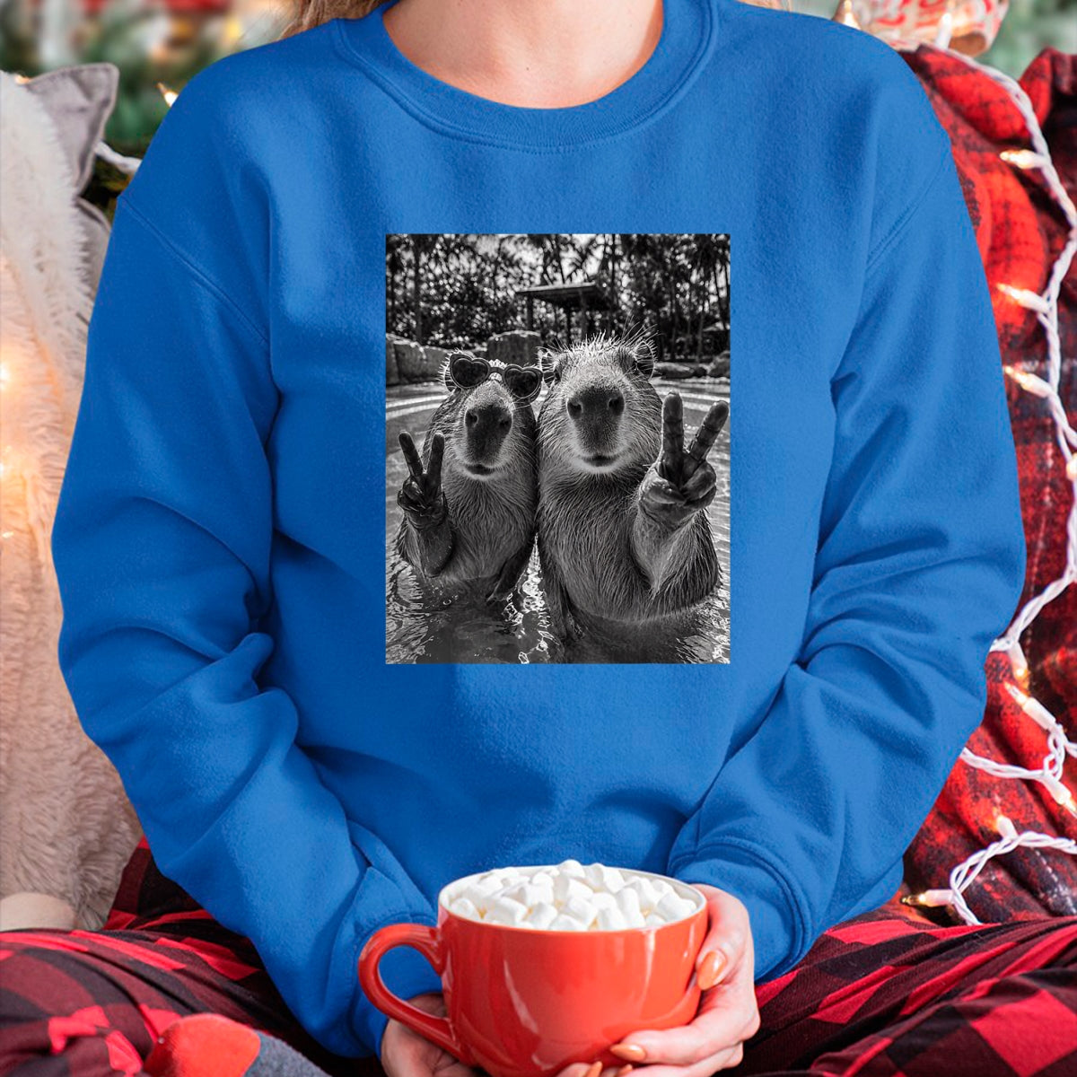Cute Capybara Shirt, Funny Capybara Unisex T-Shirt/Hoodie/Sweatshirt HLT00 - Funny Capybara Selfie Peace Sign Men Women Cute Animal T-Shirt