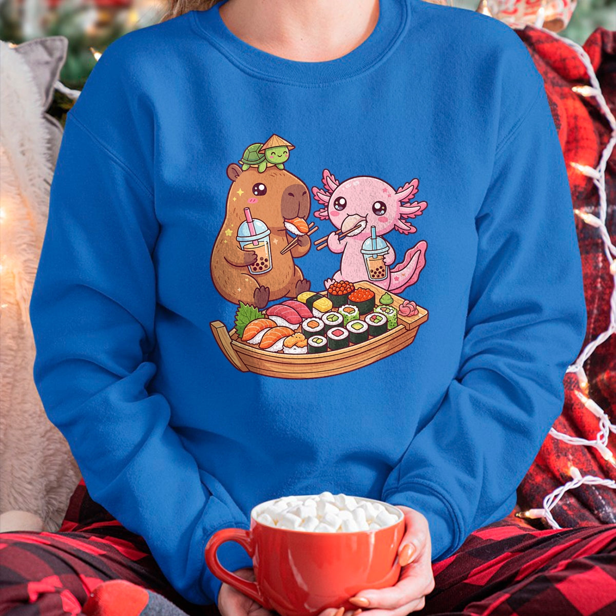 Cute Capybara Shirt, Funny Capybara Unisex T-Shirt/Hoodie/Sweatshirt HLT00 - Cute Capybara Axolotl Sushi Nigiri Bubble Tea Anime Food T-Shirt