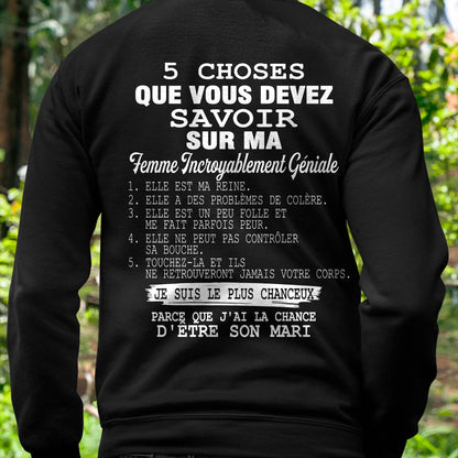 5 CHOSES QUE VOUS DEVEZ SAVOIR SUR MA FEMME INCROYABLEMENT GÉNIALE - CADEAU PARFAIT POUR VOTRE MARI, PETIT AMI - DTSM00 (SKU2605-160)