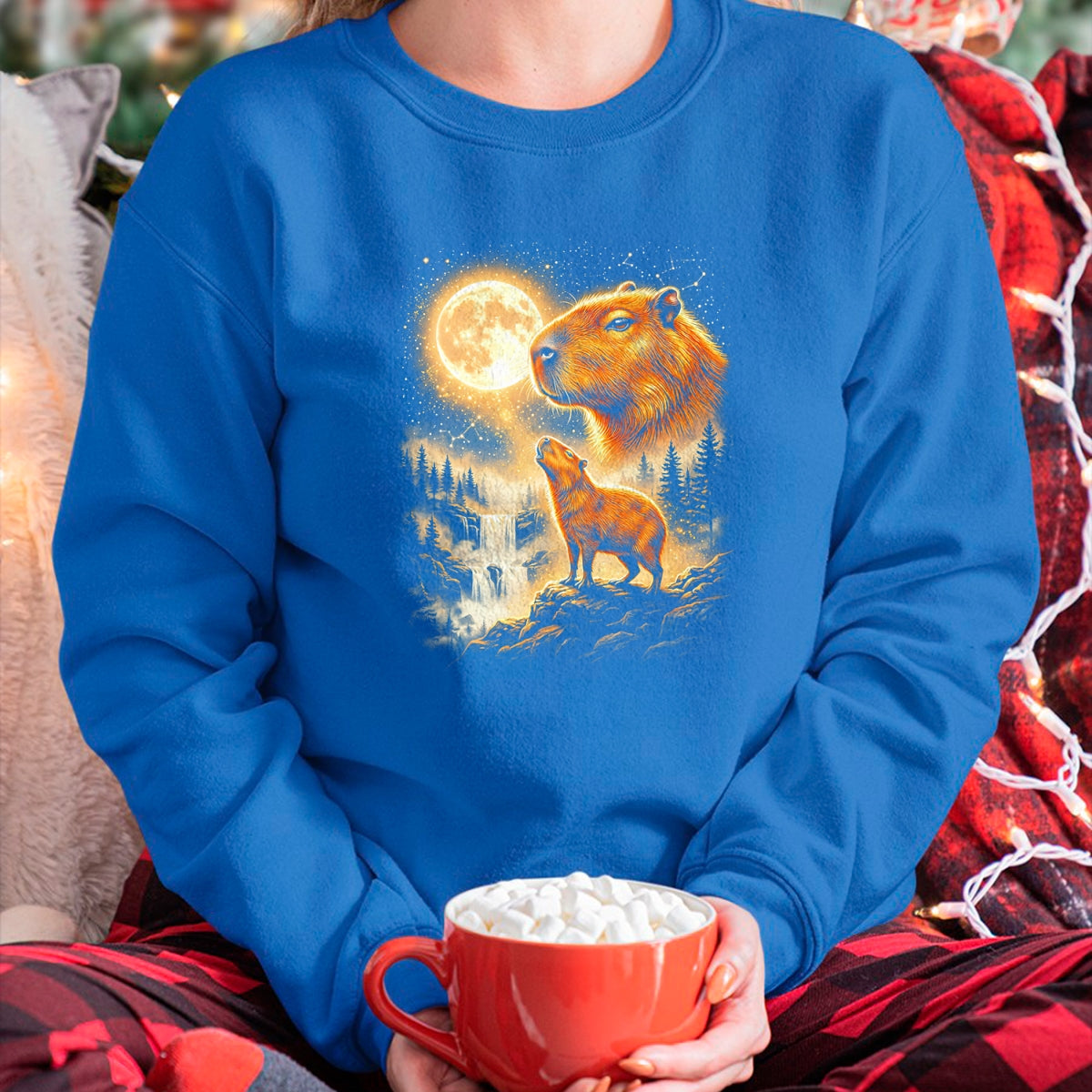 Cute Capybara Shirt, Funny Capybara Unisex T-Shirt/Hoodie/Sweatshirt HLT00 - Capybara Howling At The Moon Forest Waterfall Art T-Shirt
