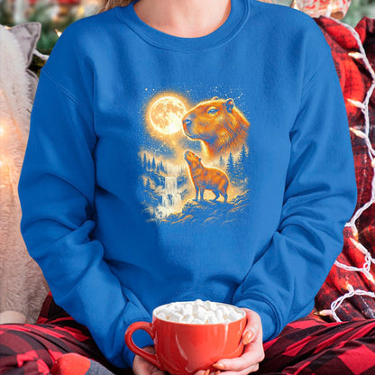 Cute Capybara Shirt, Funny Capybara Unisex T-Shirt/Hoodie/Sweatshirt HLT00 - Capybara Howling At The Moon Forest Waterfall Art T-Shirt