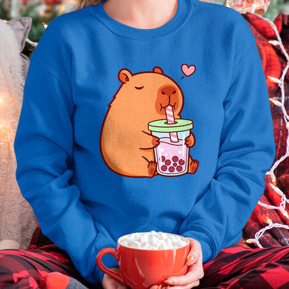 Cute Capybara Shirt, Funny Capybara Unisex T-Shirt/Hoodie/Sweatshirt HLT00 - Cute Capybara Kawaii Anime Girls Drinking Boba Tea Lover T-Shirt