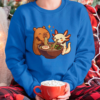 Cute Capybara Shirt, Funny Capybara Unisex T-Shirt/Hoodie/Sweatshirt HLT00 - Capybara with Axolotl Eats Noodles Ramen Kawaii T-Shirt, Men, Black, 3X-Large
