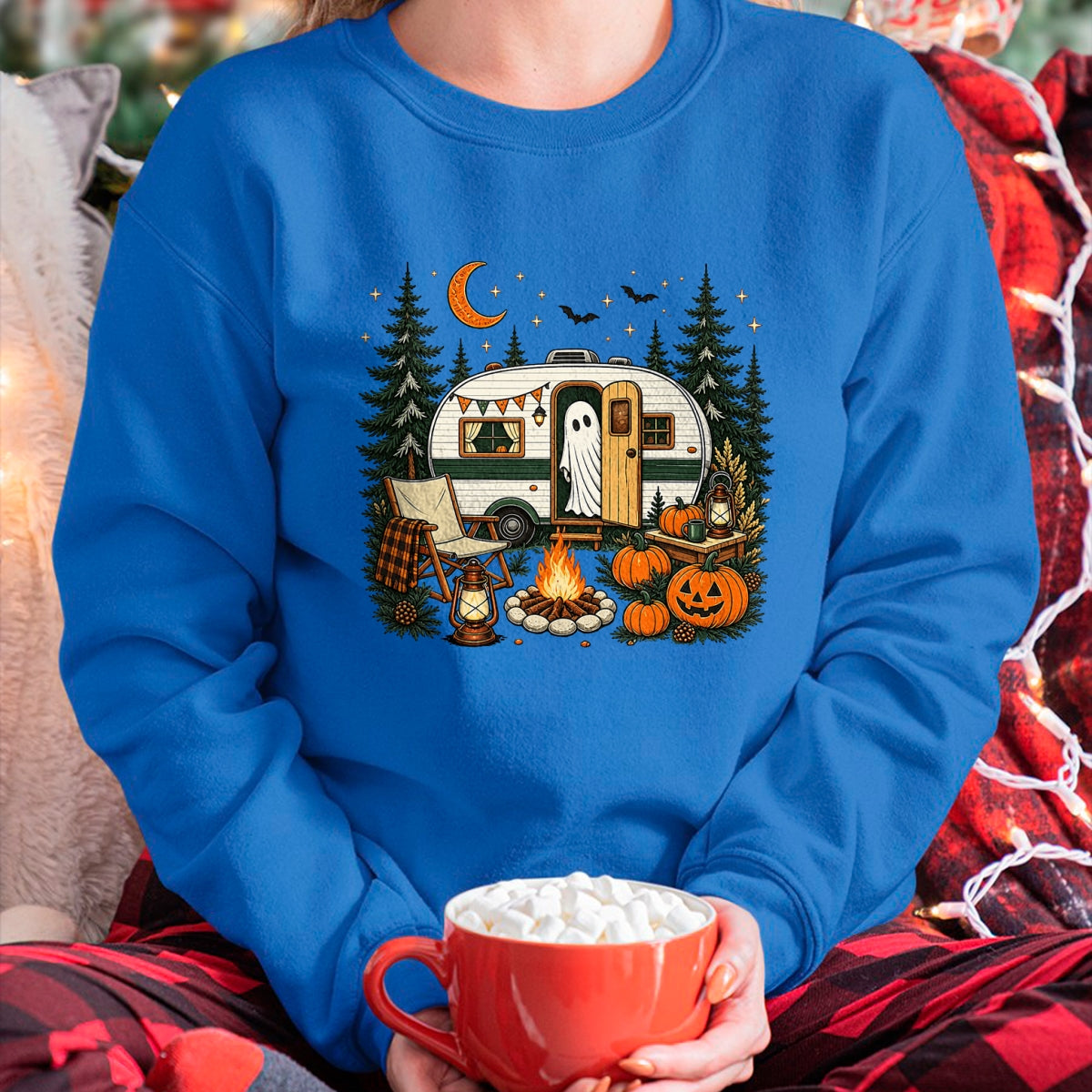 Funny Camping Shirt, Gift For Camping Lover Unisex T-Shirt/Hoodie/Sweatshirt HLT00 - Halloween Ghost Fall RV Camping Autumn Moon Night Funny T-Shirt