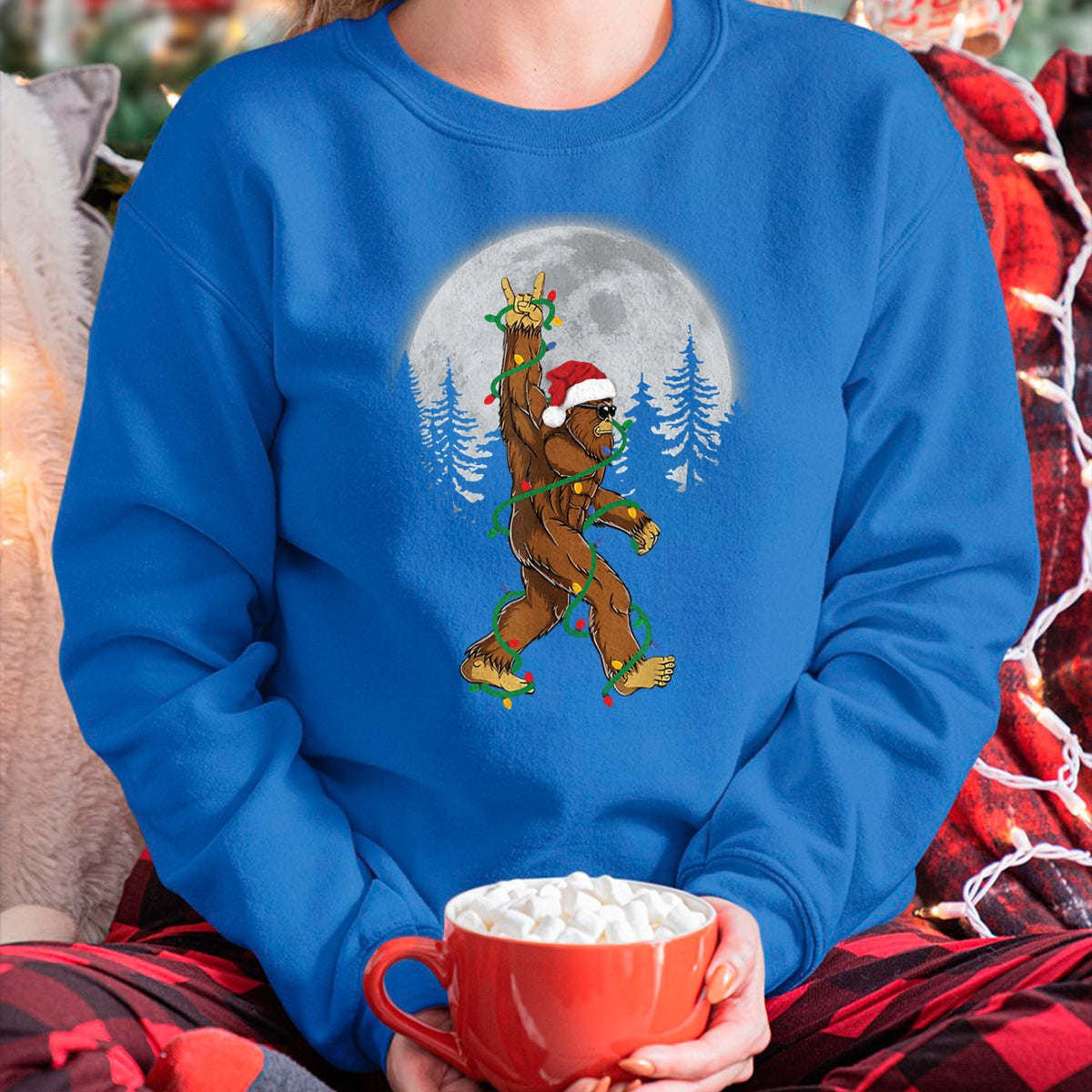 Christmas Shirts for Family, Funny christmas shirts, Christmas Unisex T-Shirt/Hoodie/Sweatshirt HLT00 - Bigfoot Santa Christmas Tree Lights Funny Xmas Sasquatch Long Sleeve T-Shirt