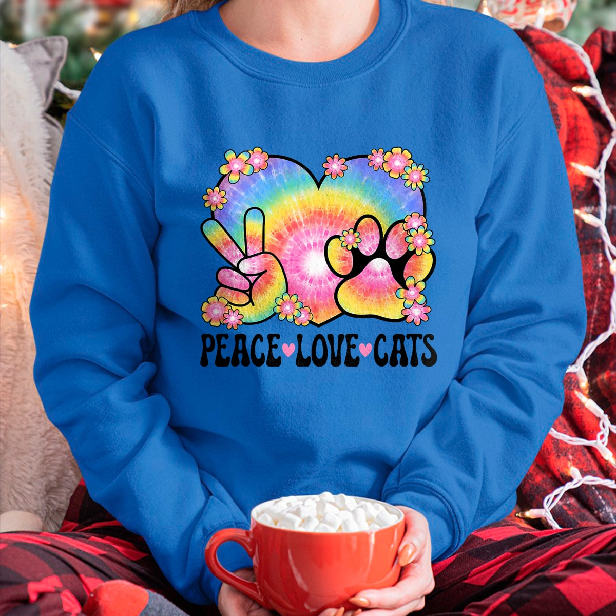 Cat Love Shirt, Funny Cat Lover Gift UnisexT-Shirt/Hoodie/Sweatshirt HLT00 - Peace Love Cats Owner 60s 70s Hippie Outfit Cute Cat Lover Men Women Kids T-Shirt