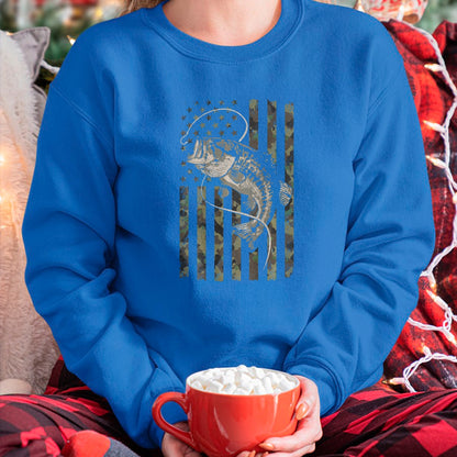 Funny Fishing Shirt, Gift For Fishing Lover Unisex T-Shirt/Hoodie/Sweatshirt HLT00 - Fishing Camo American Flag Bass Fish (Design on Back) T-Shirt