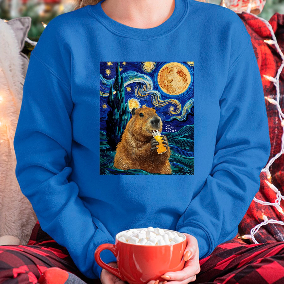 Cute Capybara Shirt, Funny Capybara Unisex T-Shirt/Hoodie/Sweatshirt HLT00 - Capybara in Van Gogh Starry Night Don_t Worry Be Capy Cappy T-Shirt