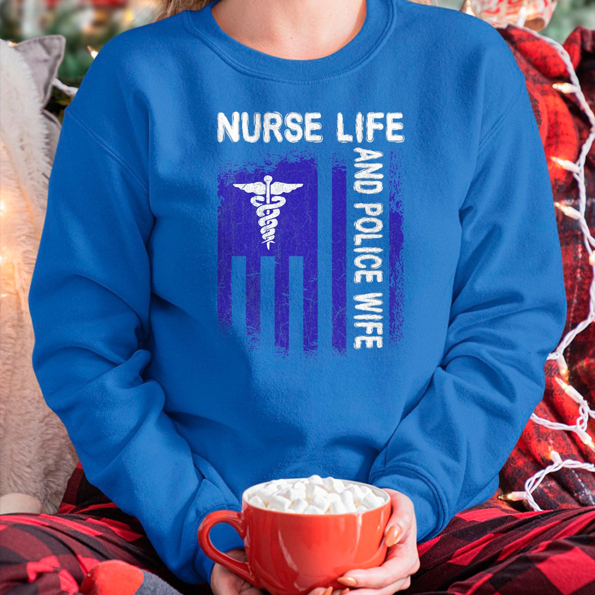 Funny Nurse Shirt, Nurse Unisex T-Shirt/Hoodie/Sweatshirt HLT00 - Nurse Life And Police Wife Flag American For Nurse & Police T-Shirt