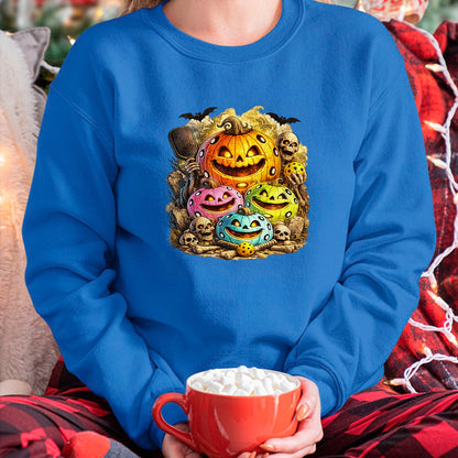 Funny Pickleball Shirt, Pickleball Lover Unisex T-Shirt/Hoodie/Sweatshirt HLT00 - Halloween Pickleball Pumpkins and Skeletons T-Shirt