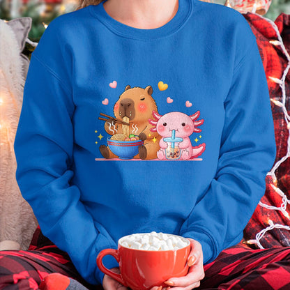 Cute Capybara Shirt, Funny Capybara Unisex T-Shirt/Hoodie/Sweatshirt HLT00 - Cute Capybara Ramen and Axolotl Boba Kawaii Boys Girls Kids T-Shirt