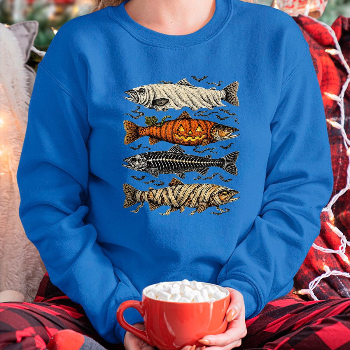 Funny Fishing Shirt, Gift For Fishing Lover Unisex T-Shirt/Hoodie/Sweatshirt HLT00 - Halloween Trout Fish Ghost Pumpkin Skeleton Mummy T-Shirt