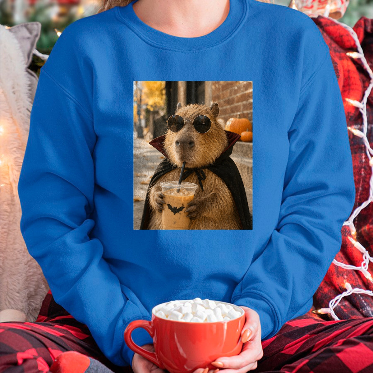 Cute Capybara Shirt, Funny Capybara Unisex T-Shirt/Hoodie/Sweatshirt HLT00 - Capybara Vampire Drinking Iced Coffee Halloween Funny Meme T-Shirt
