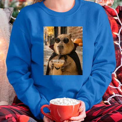 Cute Capybara Shirt, Funny Capybara Unisex T-Shirt/Hoodie/Sweatshirt HLT00 - Capybara Vampire Drinking Iced Coffee Halloween Funny Meme T-Shirt
