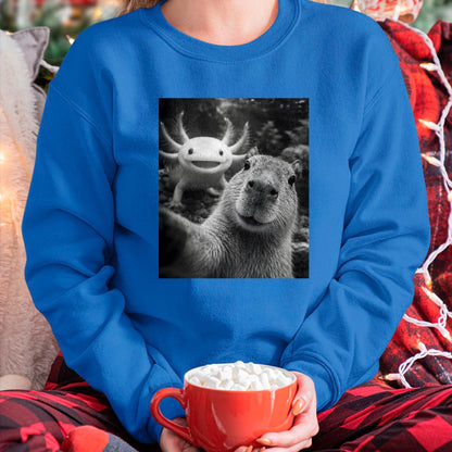 Cute Capybara Shirt, Funny Capybara Unisex T-Shirt/Hoodie/Sweatshirt HLT00 - Capybara Axolotl Selfie T-Shirt