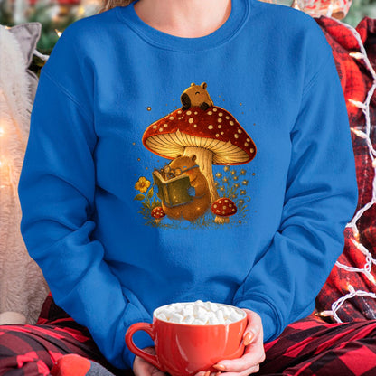 Cute Capybara Shirt, Funny Capybara Unisex T-Shirt/Hoodie/Sweatshirt HLT00 - Capybara Reading Book Mushroom Cottagecore Aesthetic Women T-Shirt