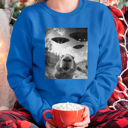 Cute Capybara Shirt, Funny Capybara Unisex T-Shirt/Hoodie/Sweatshirt HLT00 - Funny Capybara Selfie with UFOs Weird Graphic Tee Alien UFO T-Shirt