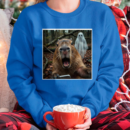 Cute Capybara Shirt, Funny Capybara Unisex T-Shirt/Hoodie/Sweatshirt HLT00 - Funny Capybara Ghost Selfie Photo Capy Meme Tee Kawaii T-Shirt