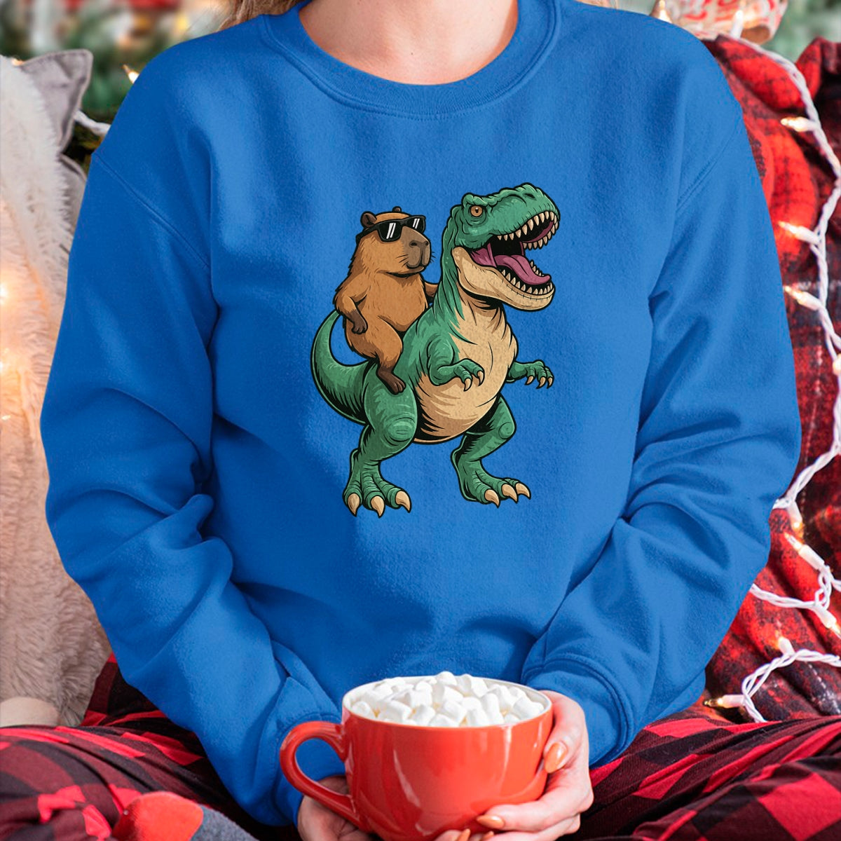 Cute Capybara Shirt, Funny Capybara Unisex T-Shirt/Hoodie/Sweatshirt HLT00 - Capybara Riding T-Rex T-Shirt