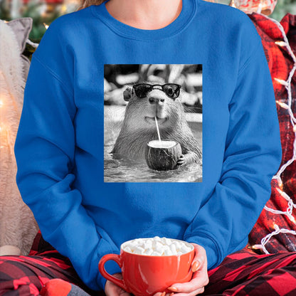 Cute Capybara Shirt, Funny Capybara Unisex T-Shirt/Hoodie/Sweatshirt HLT00 - Capybara Selfie with Sunglasses and Coconut Drink T-Shirt