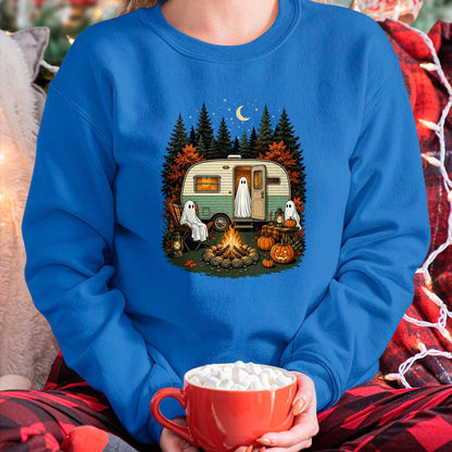 Funny Camping Shirt, Gift For Camping Lover Unisex T-Shirt/Hoodie/Sweatshirt HLT00 - Halloween Ghost Rv Camping Fall Camper Pumpkin Camper Autumn T-Shirt