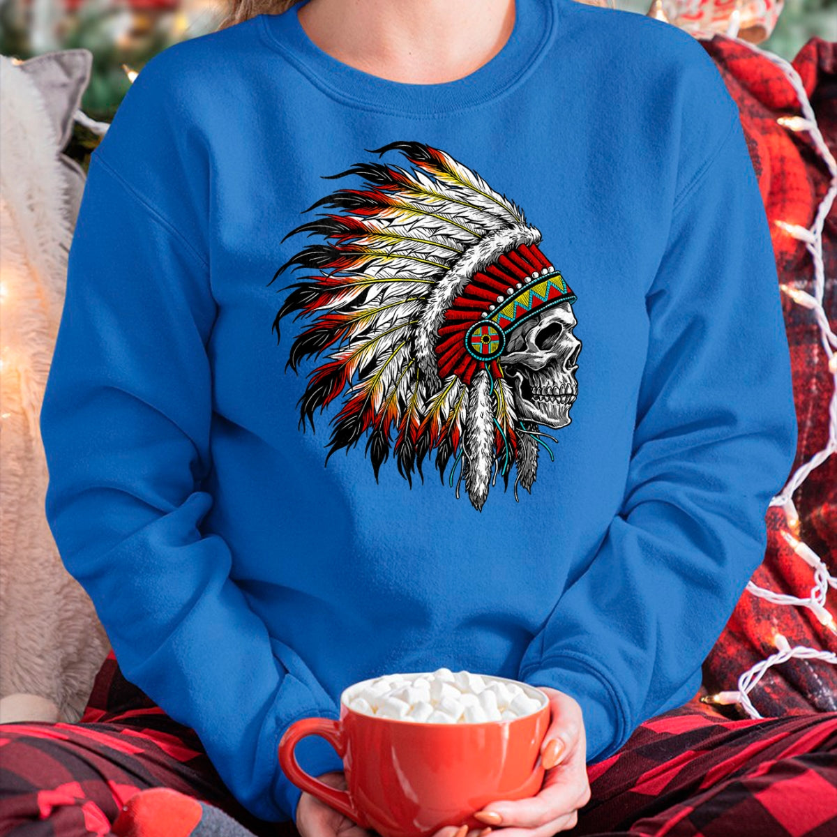 Native American T-Shirts, Vintage Native American Unisex T-Shirt/Hoodie/Sweatshirt HLT00 - Native American Indian Chief Skull Motorcycle Headdress T-Shirt (1)